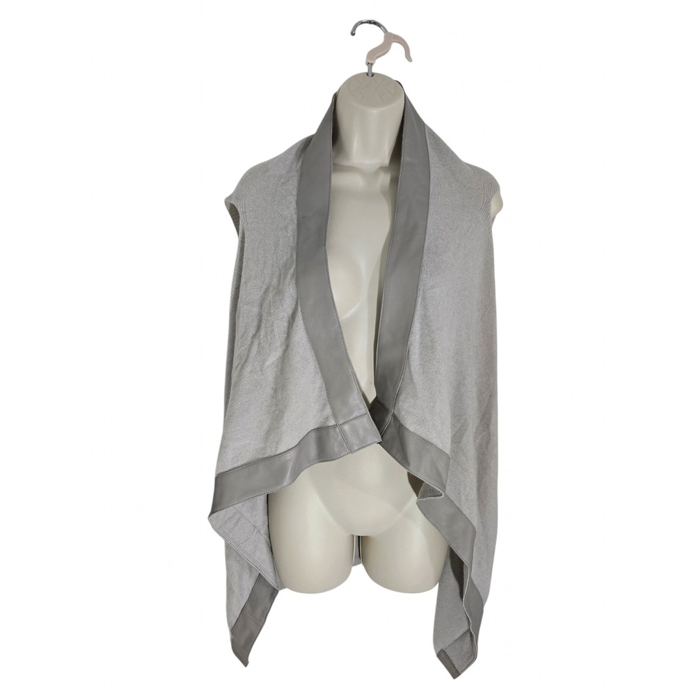 Aspen True Women 100% Cashmere Leather Trim Poncho Cardigan Vest Gray One Size